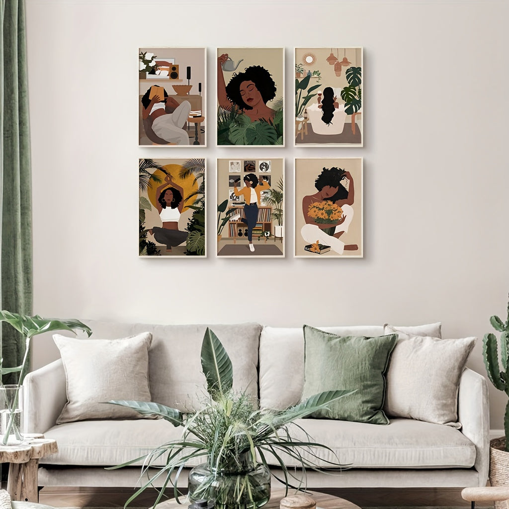 6pcs Black Woman Art, Black Art, Black Girl Art, Black Woman Wall Art, Canvas Wall Art For Living Room, Bedroom Wall Decor, Room Decor, Room Decor, No Frame