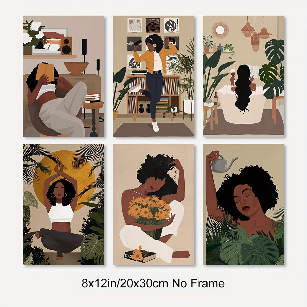 6pcs Black Woman Art, Black Art, Black Girl Art, Black Woman Wall Art, Canvas Wall Art For Living Room, Bedroom Wall Decor, Room Decor, Room Decor, No Frame