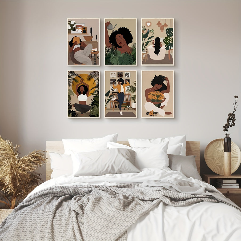 6pcs Black Woman Art, Black Art, Black Girl Art, Black Woman Wall Art, Canvas Wall Art For Living Room, Bedroom Wall Decor, Room Decor, Room Decor, No Frame