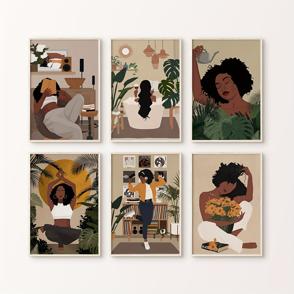 6pcs Black Woman Art, Black Art, Black Girl Art, Black Woman Wall Art, Canvas Wall Art For Living Room, Bedroom Wall Decor, Room Decor, Room Decor, No Frame