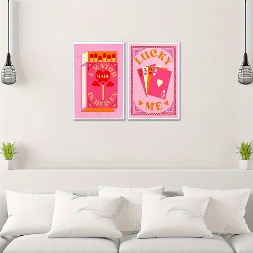 2pcs 90s Vintage Art Poster Print, A Match Made In Heaven & Lucky Me Love Quote Print, Orange And Pink Retro Wall Decor, Inspirational Wall Art, No Frame