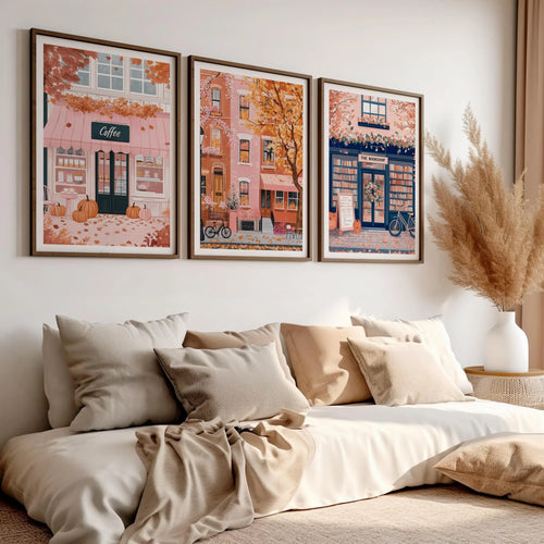 3PC Autumn Wall Art Decor, Coffee Poster, Pink Wall Art, Autumn Bookshop, Fall Decor City Poster, Cottage Core, Pumpkin Wall Art