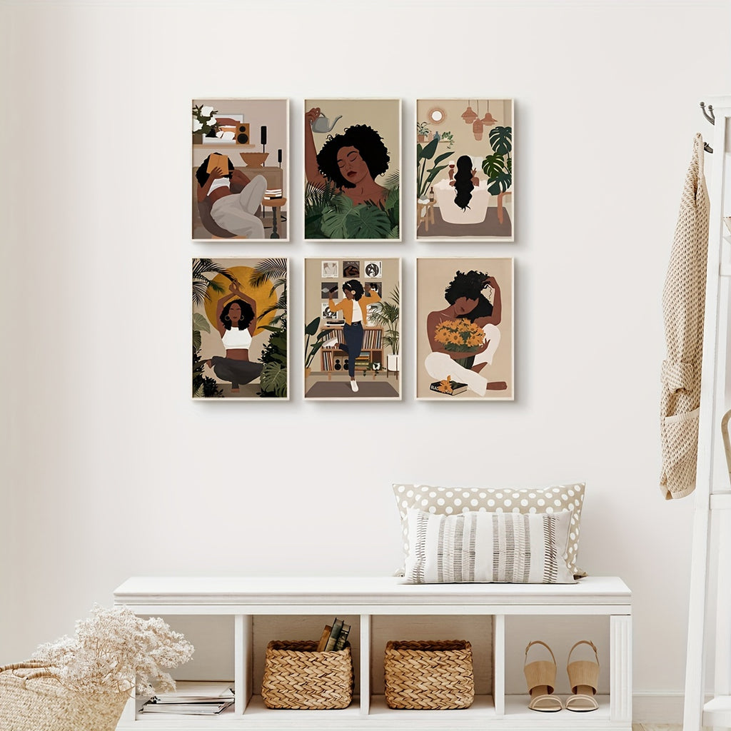 6pcs Black Woman Art, Black Art, Black Girl Art, Black Woman Wall Art, Canvas Wall Art For Living Room, Bedroom Wall Decor, Room Decor, Room Decor, No Frame